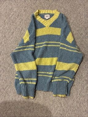 BDG Striped V-Neck Sweater in Blue and Yellow